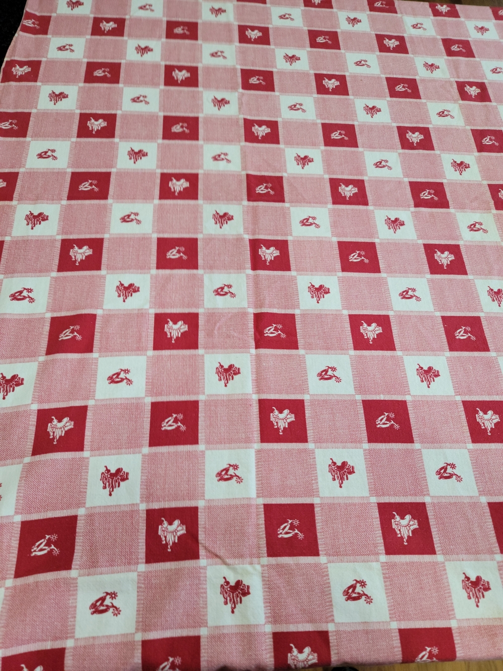 Vintage red and white checkered tablecloth small western-style horse saddle